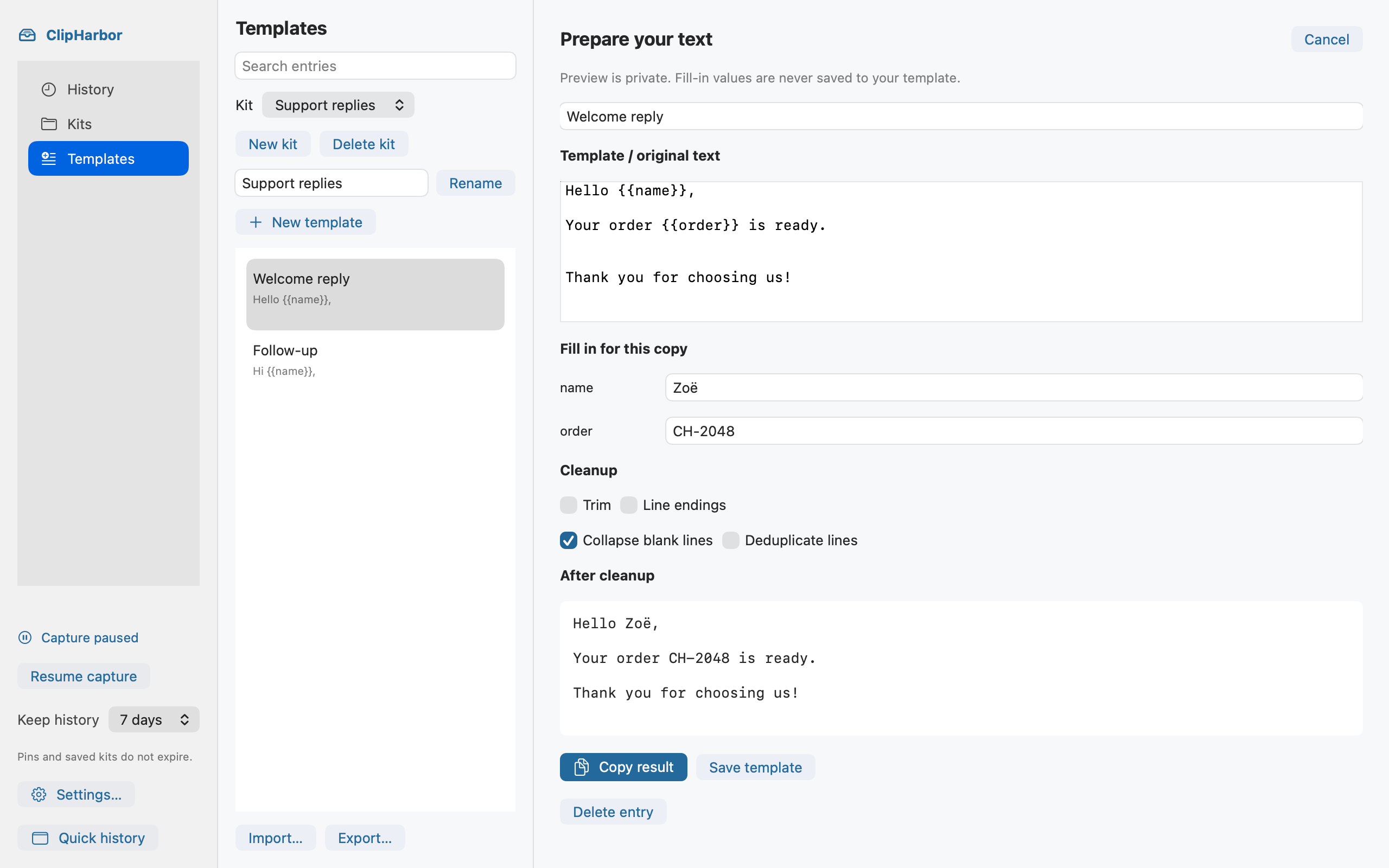 ClipHarbor shows a Support replies kit, a template with name and order fields, and a completed text preview ready to copy.